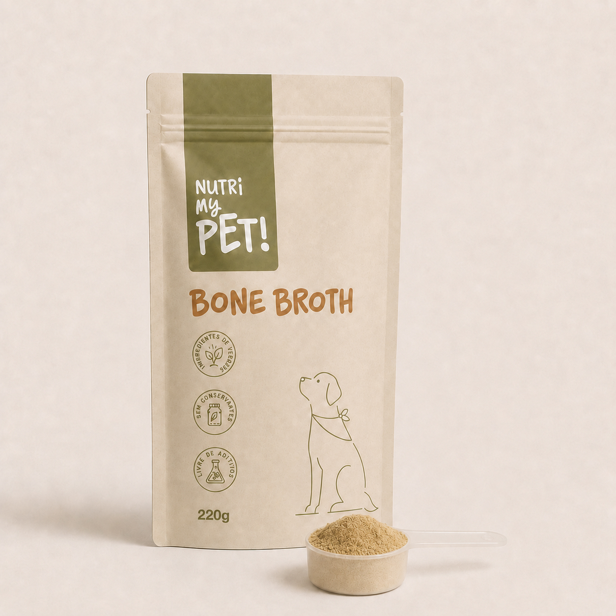 Pacote de Bone Broth Nutri My Pet ao lado da colher dosadora com o pó